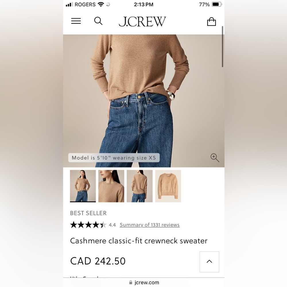 Oatmeal J Crew rolled hem Italian cashmere sweater